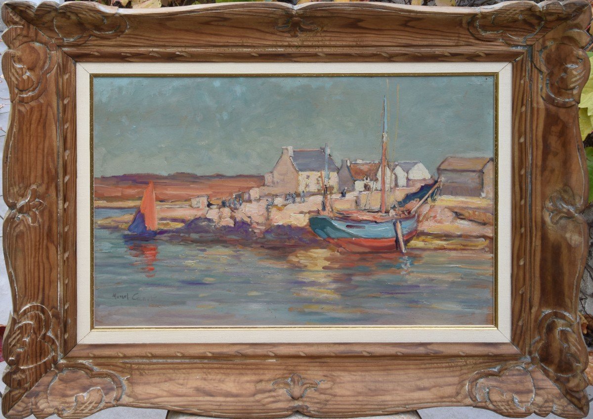 Marcel Canet "le Port En Bretagne" Huile Sur Panneau 37x54